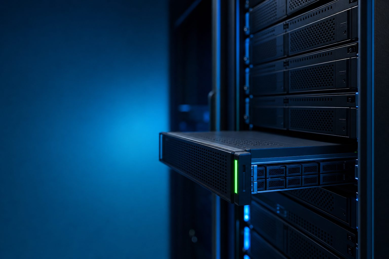 Dedicated server chassis in a rack under cool blue lighting