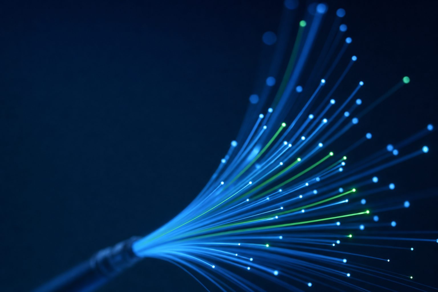Fibre-optic strands fanning out into many glowing routes