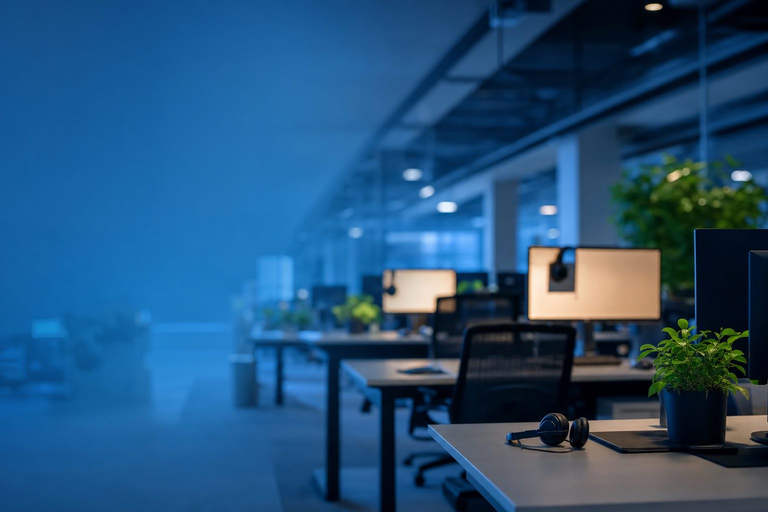 Modern workspace with monitors and headsets in soft focus