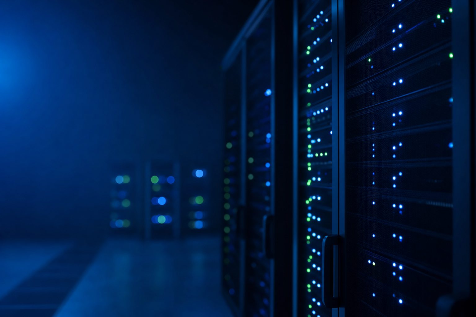 Network operations centre with racks of equipment and status indicators