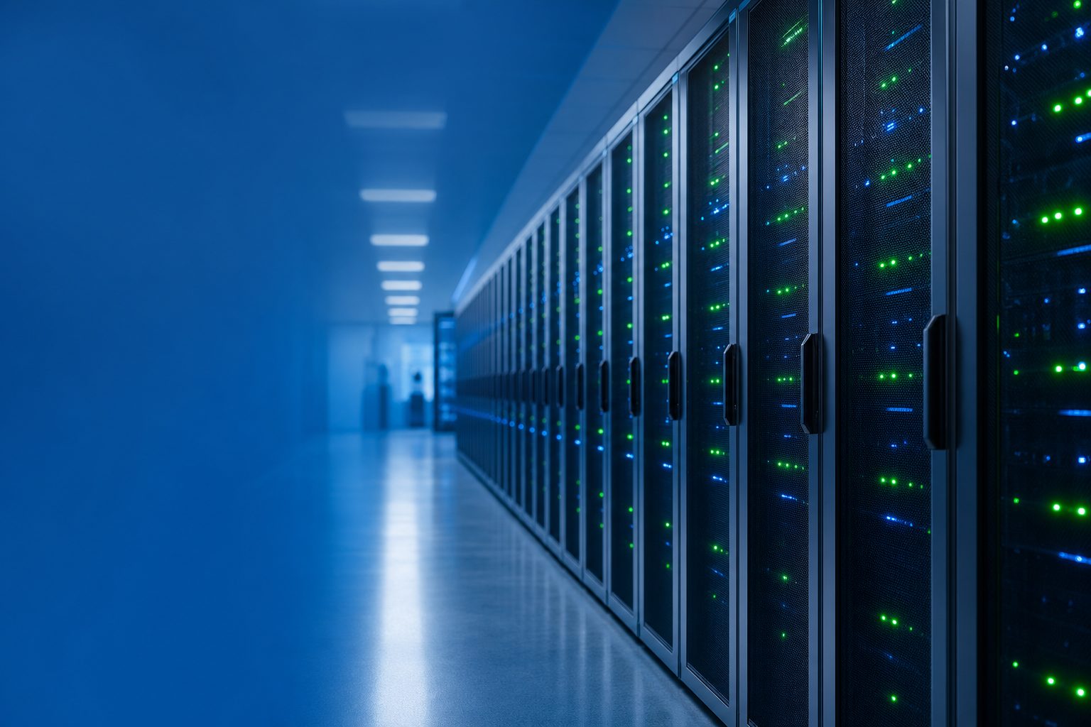 Data centre aisle lined with server racks